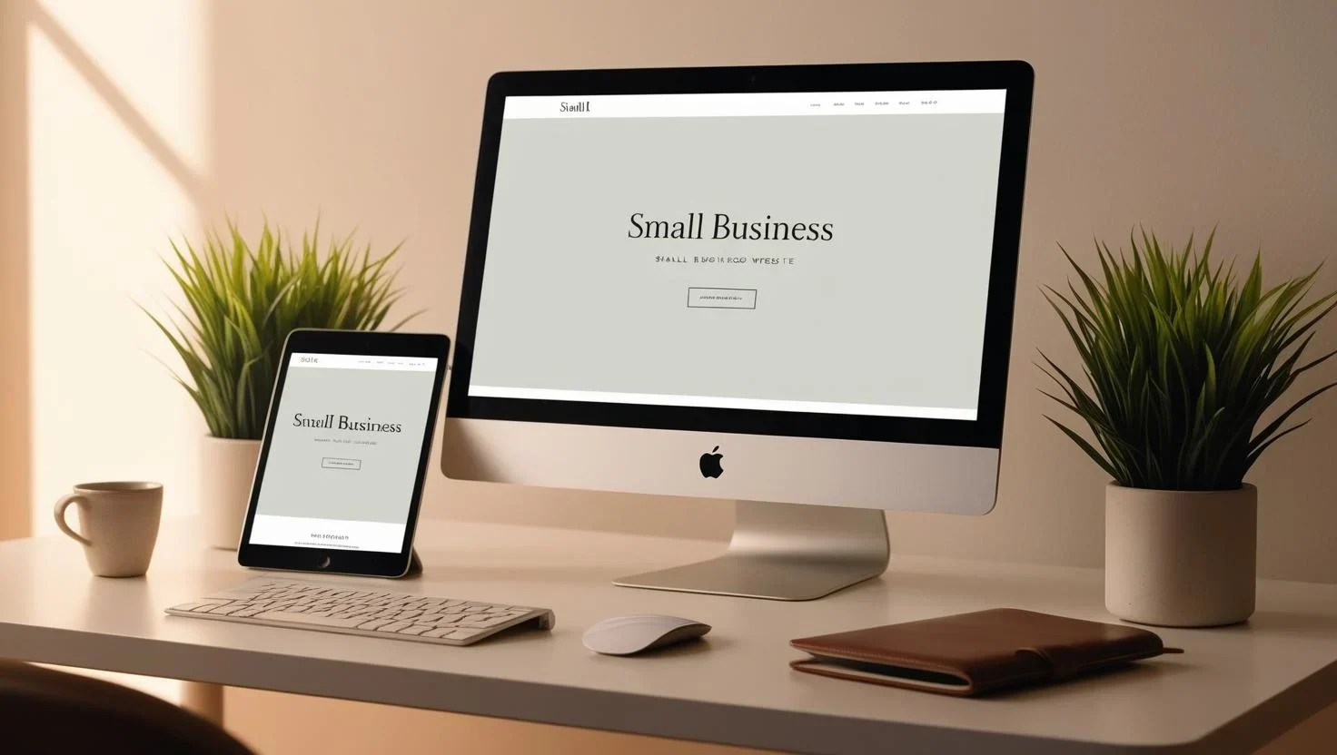 Clean and responsive small business website shown across multiple real devices on a modern, minimalist desk setup.