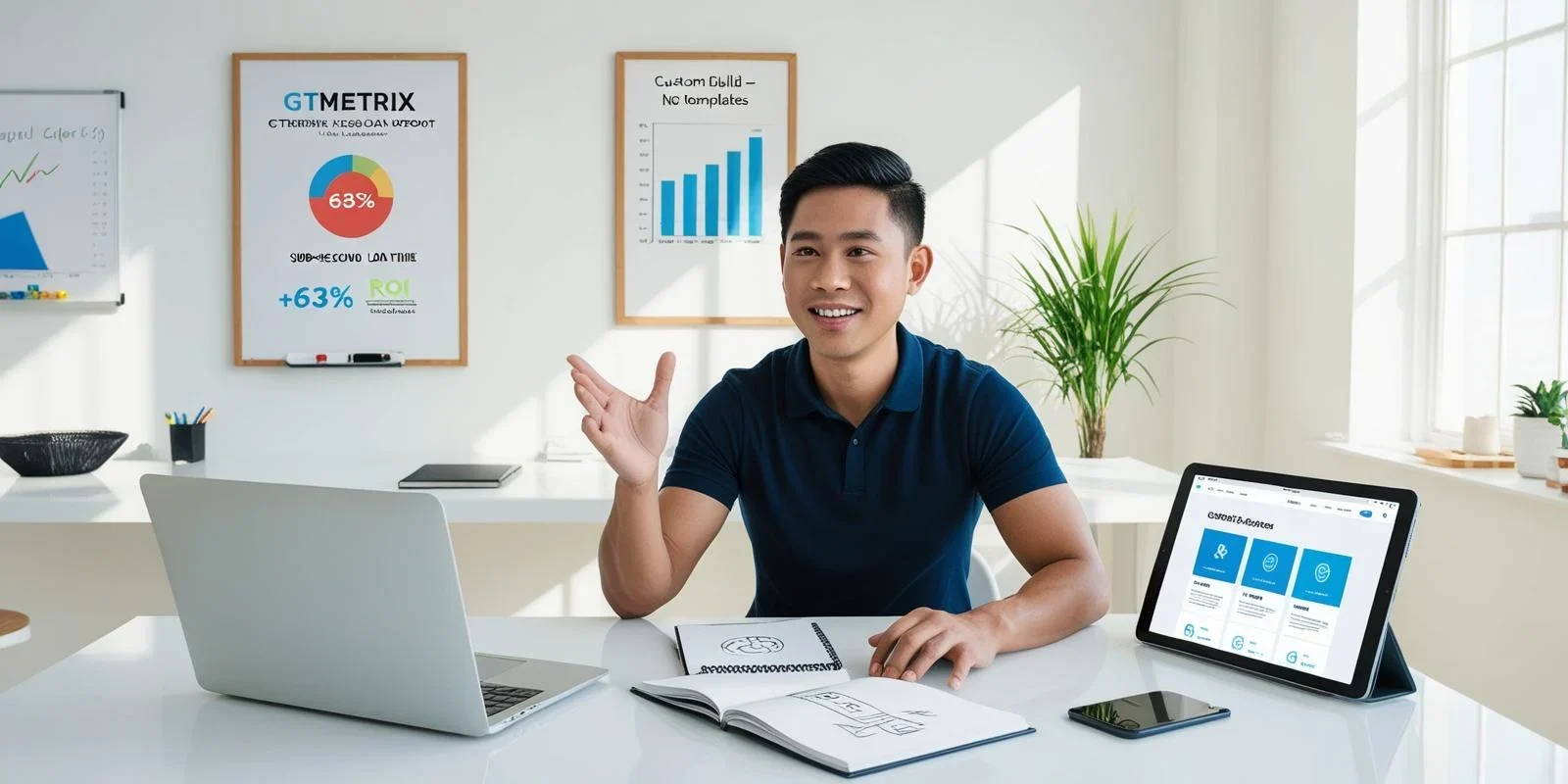 Freelance WordPress designer showcasing custom-built websites with SEO, speed, and client ROI impact in a clean modern workspace.