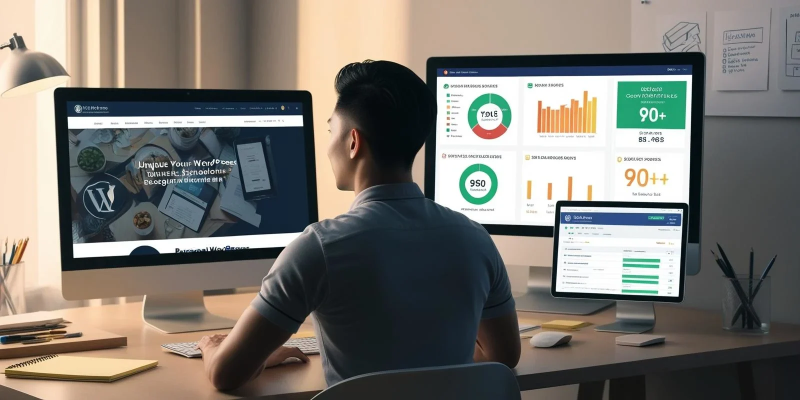 Web designer in a modern workspace refining a custom-built WordPress site using analytics, heat maps, and SEO tools with top-tier Core Web Vitals scores.
