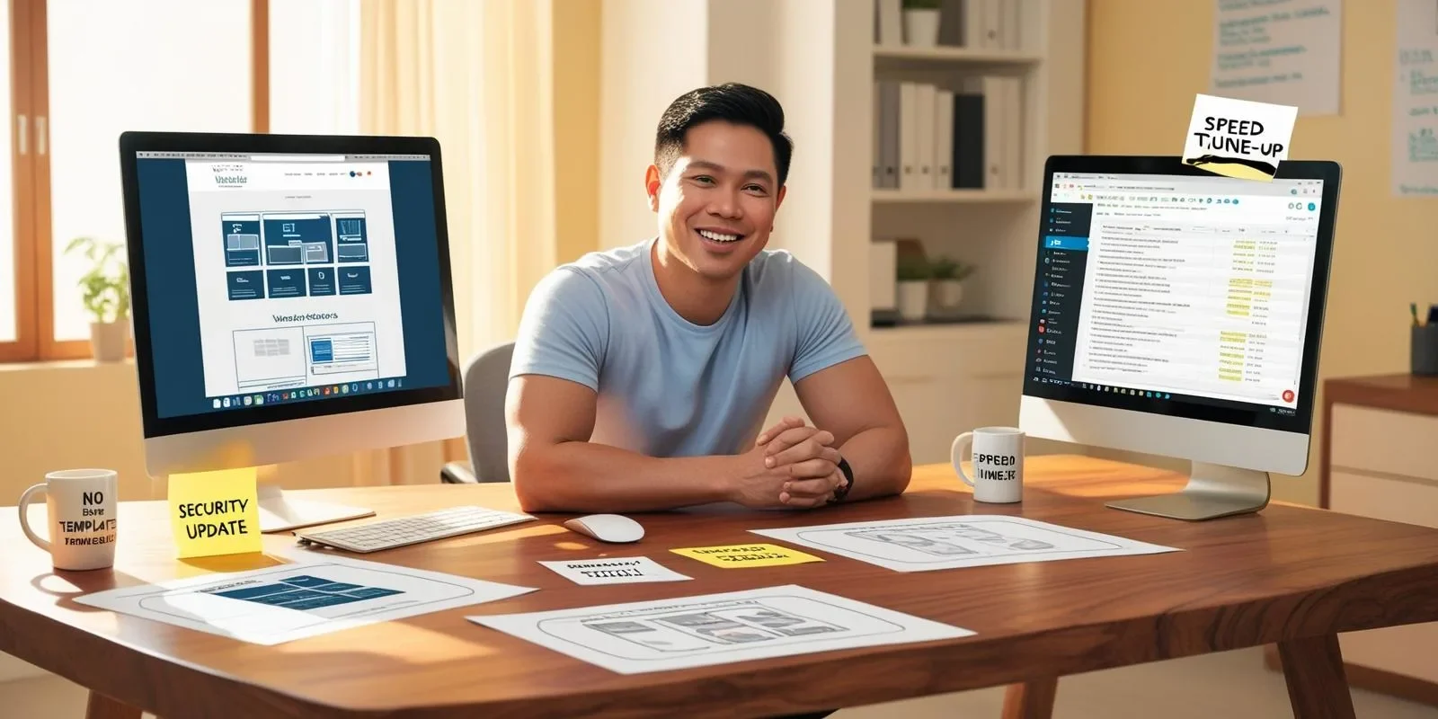 Web designer on a direct video call with a small business client, surrounded by custom layout sketches, WordPress dashboard, and care plan notes.