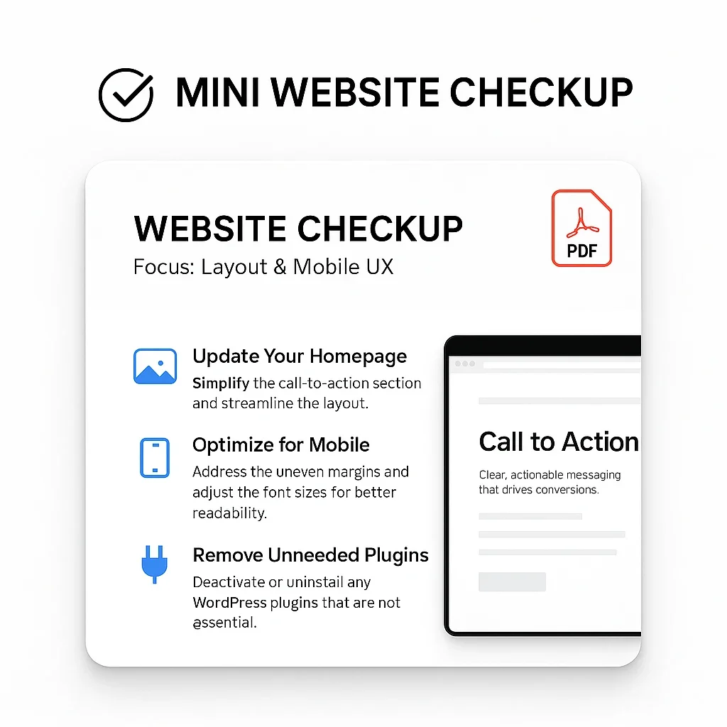Digital preview of a Mini Website Checkup PDF showing real UX notes and layout recommendations for a small business WordPress homepage — sample format only.