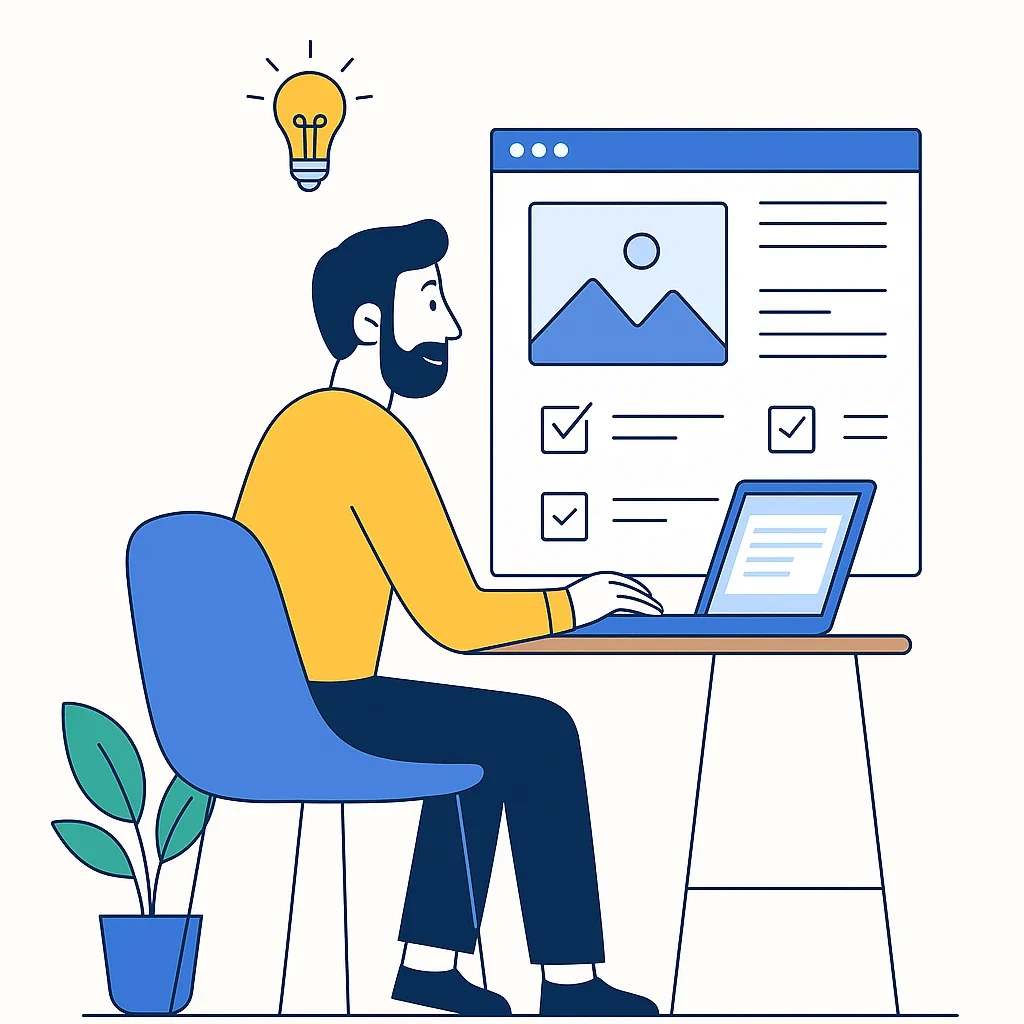 Flat-style illustration of a small business owner planning a website on a laptop, with a wireframe and checklist on screen, representing website design strategy.