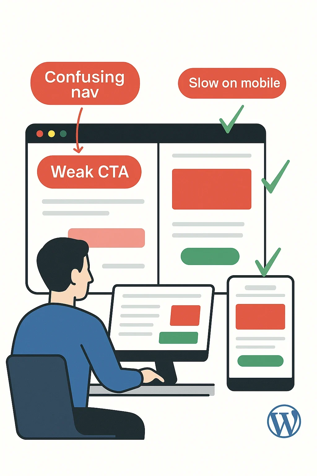 Flat-design illustration showing a manual website audit side-by-side — highlighting mobile layout problems, confusing CTA placement, and trust improvements for WordPress business websites.