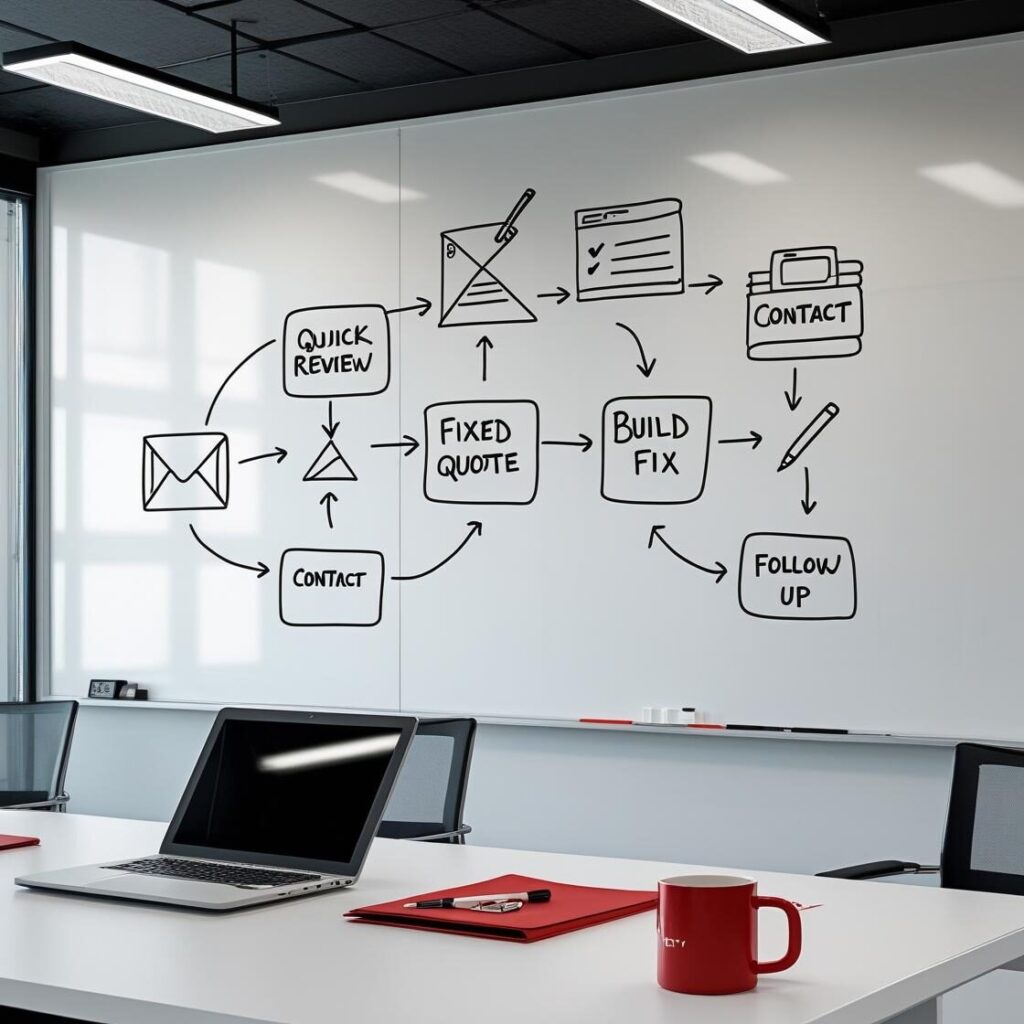 Realistic office whiteboard with hand-drawn five-step workflow diagram for website projects