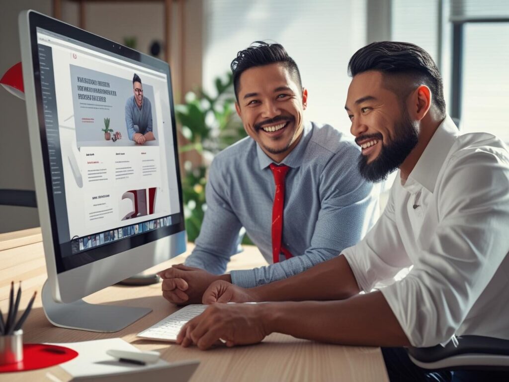 North American web designer and small business owner collaborating on a website design in a modern office with red accents