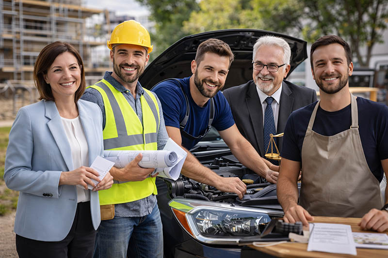 Group of service business professionals including consultant, contractor, mechanic, and legal advisor representing industries supported by professional business websites