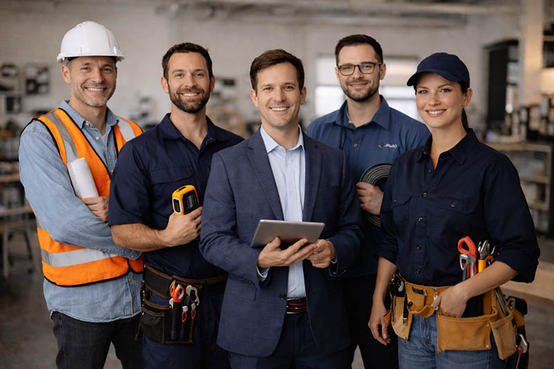 Group of service industry professionals including contractor, technician, consultant, and repair specialists representing businesses that use professional websites