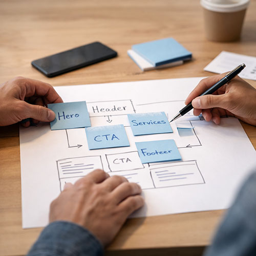 planning the structure of a professional WordPress website with page layout and service sections