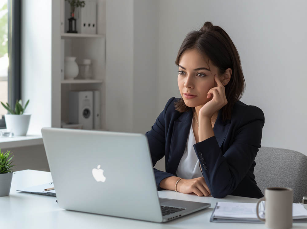 Professional analyzing a service website structure on a laptop, reflecting on conversion issues before a website audit for leads