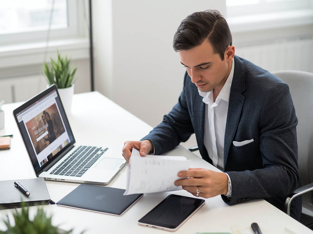 business owner evaluating website structure and planning redesign on laptop at desk