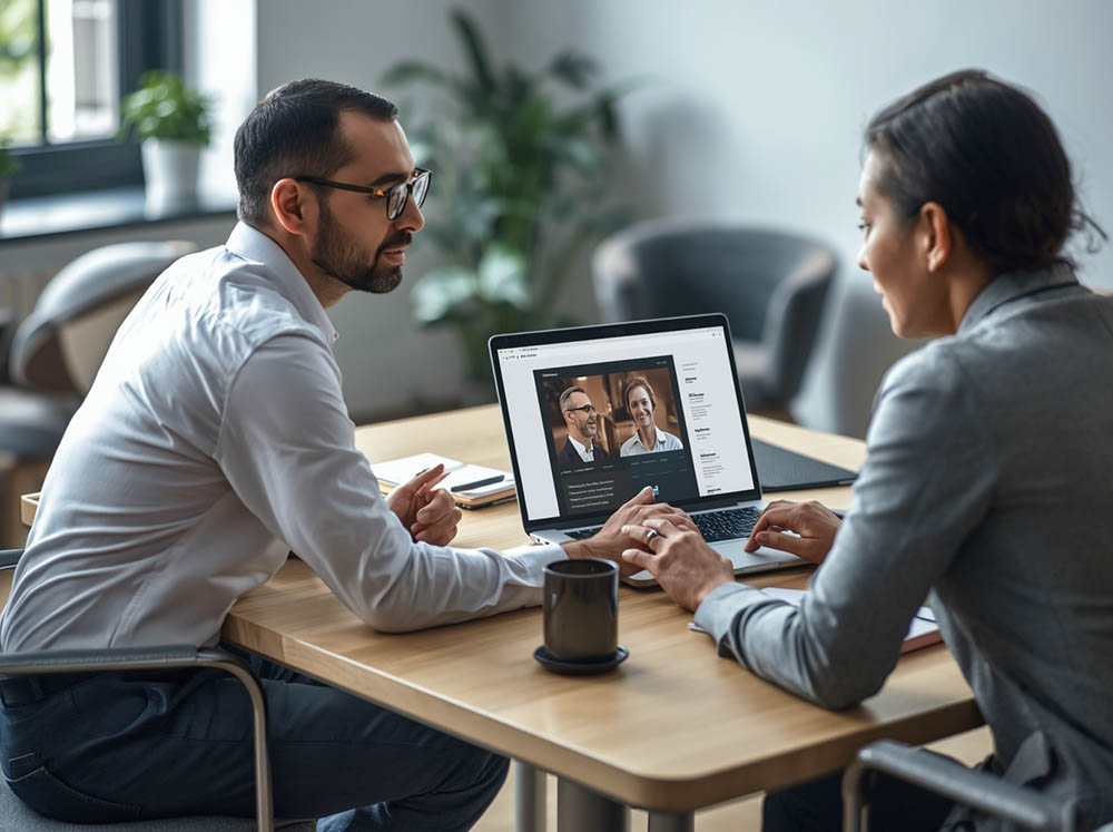 Business owner discussing website improvements with a web developer to fix lead generation issues