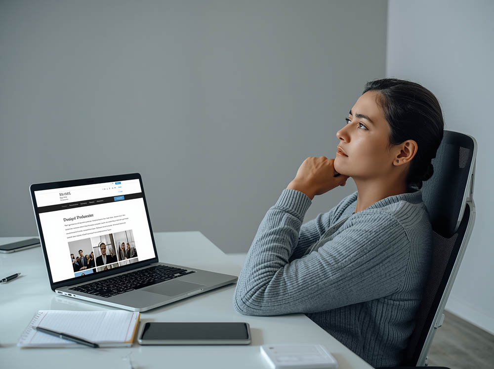 Business owner analyzing a low converting website on a laptop and evaluating why it is not generating inquiries