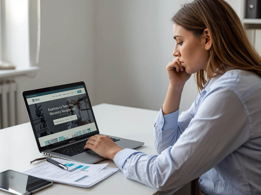 Service business owner reviewing an outdated website that may lower perceived value and hurt client trust.