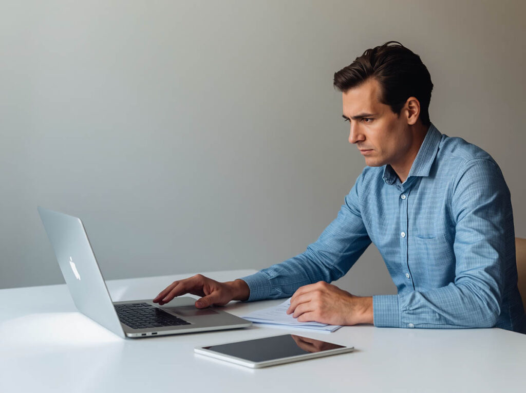 Business owner reviewing website issues with a consultant before choosing a redesign or rebuild.