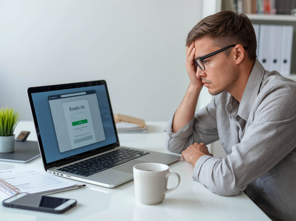 Business owner checking website ownership warning signs and access issues on a laptop.